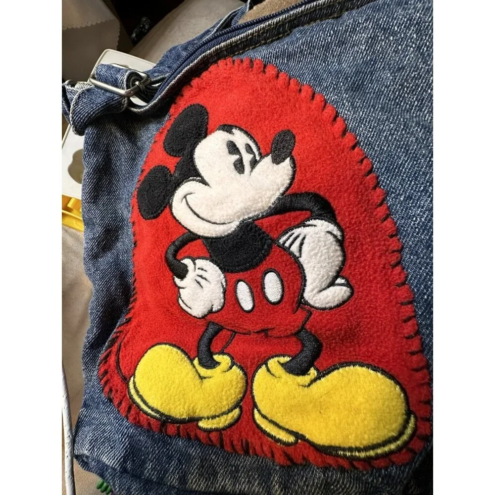 Vtg Mickey‎ Mouse Disney 1990s Dark Denim Jean Purse Bag Patches Zippers READ